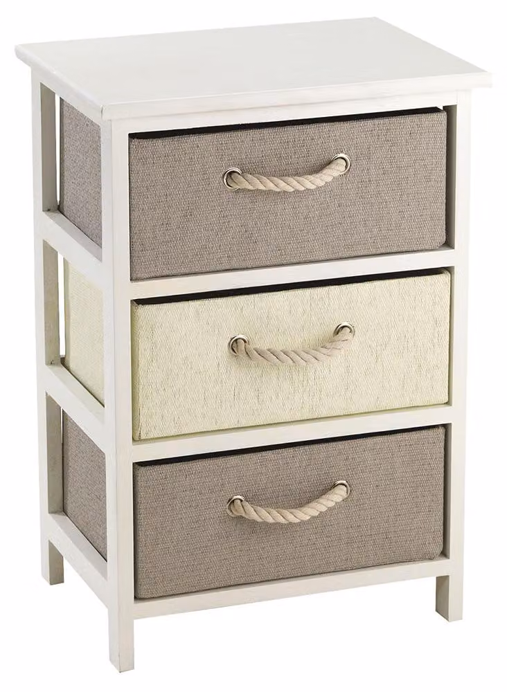 Cassetiera con 3 Cassetti in Legno e Rafia Sintentica Bianco Fadi