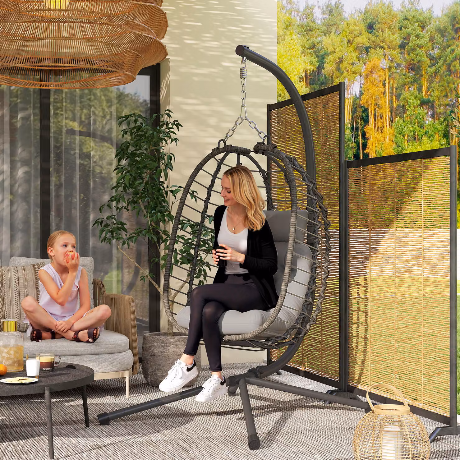 Sedia Sospesa a Uovo Outsunny in Rattan e Metallo con Cuscino e Poggiatesta, Grigio – 2