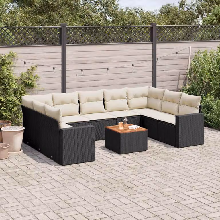 vidaXL Set Divani da Giardino 10pz in Polyrattan Nero con Cuscini e Tavolino da Esterno
