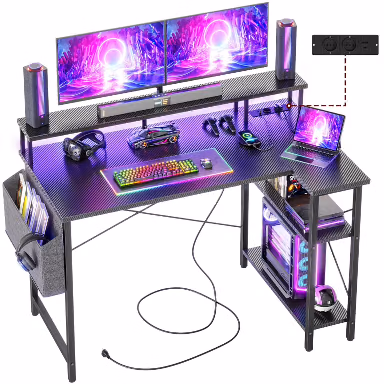 Scrivania a forma di L per computer, dimensioni 120x70 cm, con illuminazione a LED e prese di corrente