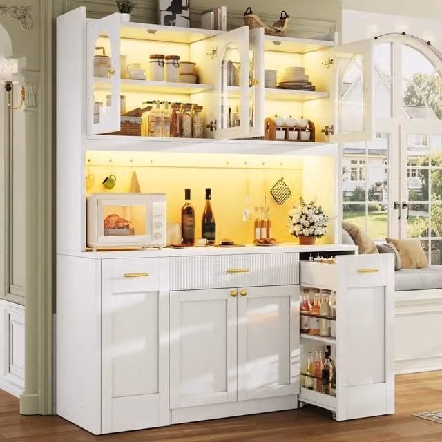 Armadio alto da cucina 120 cm, LED RGB con controllo app, 3 vetrine, cassetti e ripiani scorrevoli su entrambi i lati, bianco/nero