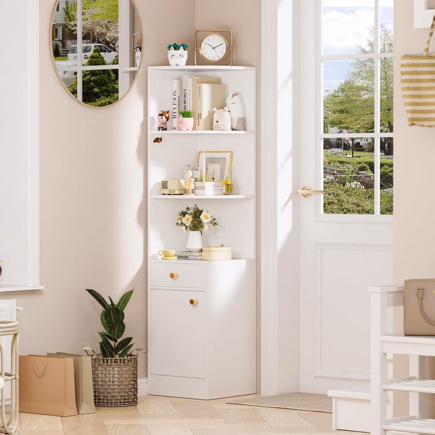 Libreria angolare, bianca, a 3 ripiani, con cassetto e anta, dimensioni 38x38x161 cm