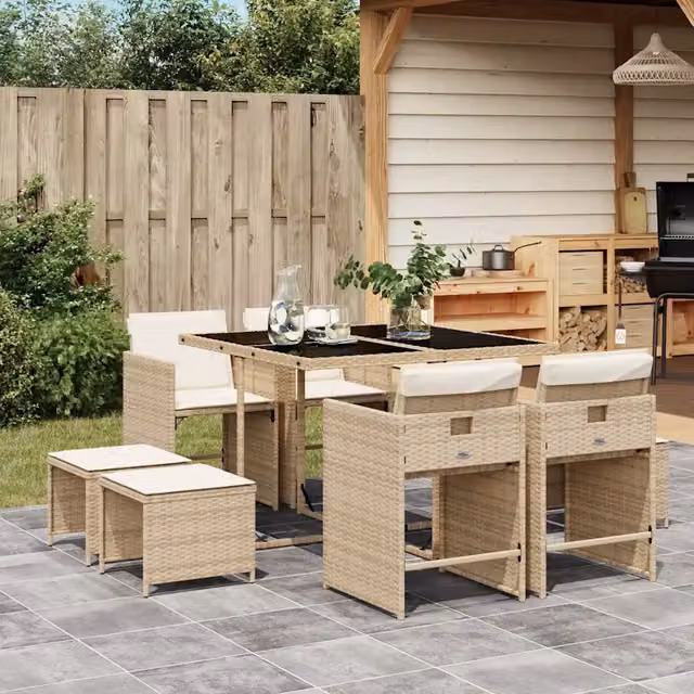 Set da Pranzo da Giardino 9 pz con Cuscini Beige in Polyrattan 3211138