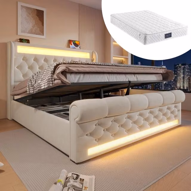Letto contenitore Mivray in velluto beige con sistema idraulico, illuminazione LED, ricarica USB Type-C e materasso incluso, L/P: 140 x 200 cm