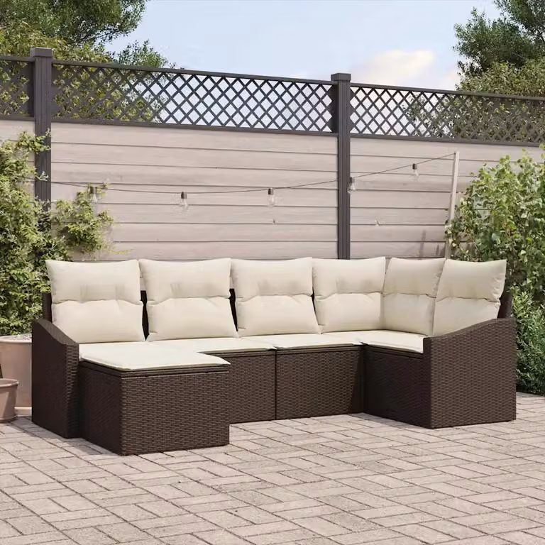 Set di divani da giardino vidaXL in rattan marrone con cuscini beige e tavolino da caffè, composto da 6 pezzi con struttura in acciaio verniciato a polvere e design moderno a forma di L