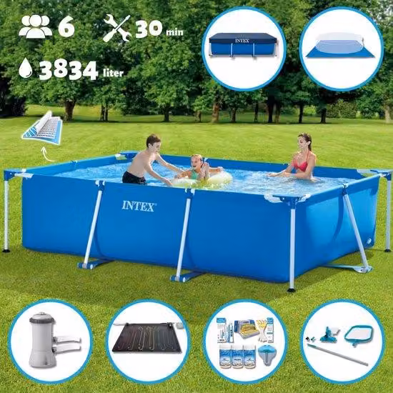 Piscina rettangolare gonfiabile - 300 x 200 x 75 cm - Blu - Con pompa - Sistema di riscaldamento integrato - Kit per la clorazione - Telo protettivo per il fondo - Telo copripiscina - Kit di pulizia