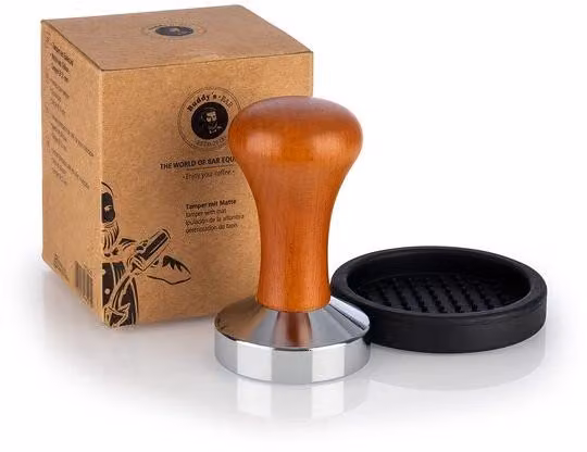 Pressino per caffè in acciaio inossidabile, Ø 53 mm, altezza 9 cm, silicone, manico in legno