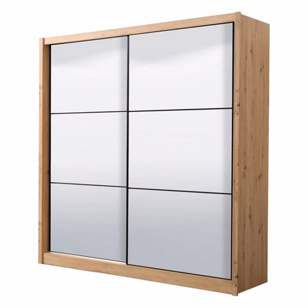 Armadio da camera da letto moderno DMORA con ante scorrevoli in legno e vetro, colore marrone rovere e nero, L: 213 cm, H: 216 cm – 2