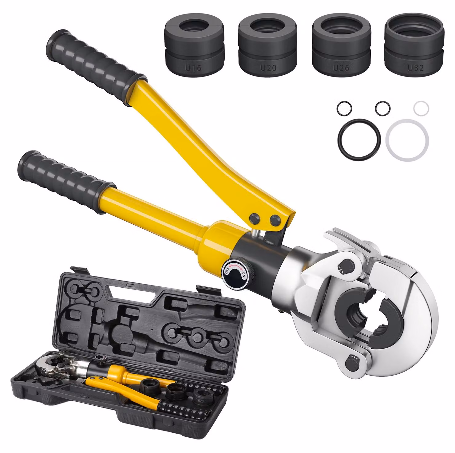 Attrezzo di pressatura per tubi PEX - Pressa idraulica per tubi PEX - 8 tonnellate - Azionamento pneumatico - Strumento manuale - 4 ganasce di pressatura a forma di U - Acciaio inossidabile - Colore giallo