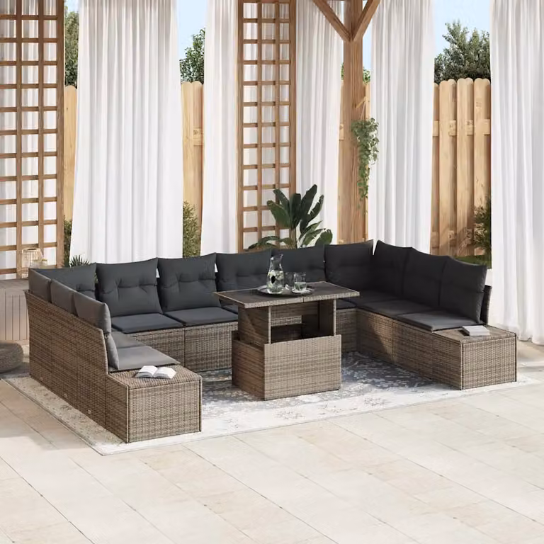Set Divano da Giardino vidaXL 11 pz in Polyrattan Grigio con Cuscini e Tavolino