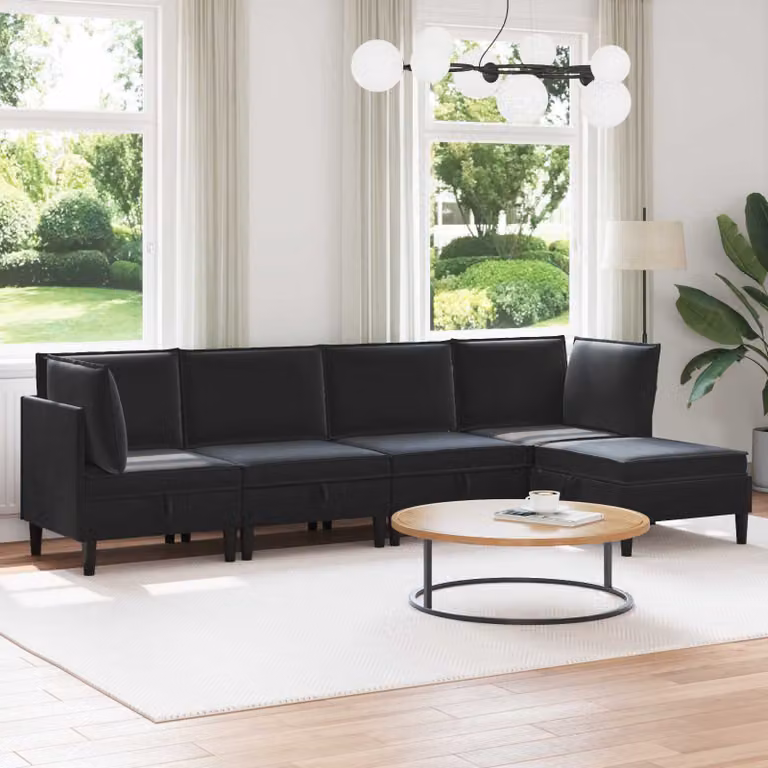 Set di mobili per il soggiorno vidaXL composto da 5 pezzi in velluto nero con divano angolare a forma di L e pouf coordinato