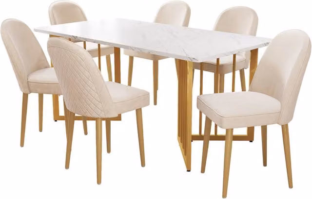Set di 6 sedie da pranzo in velluto beige con gambe in metallo dorato