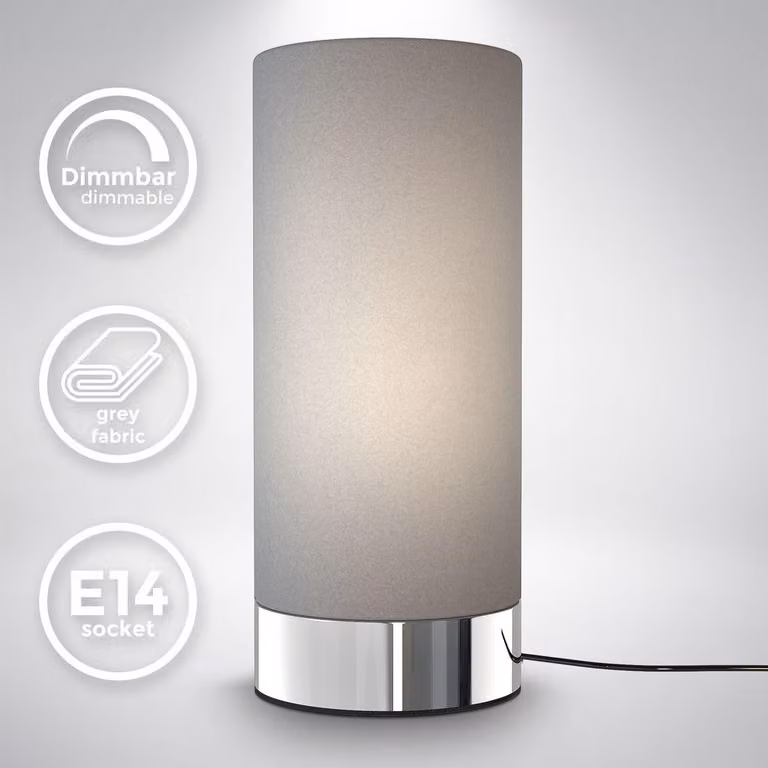 B.K.Licht I lampada da tavolo in tessuto grigio I funzione touch I funzione touch I dimmerabile 3 volte I E14 I base cromata I senza lampadina