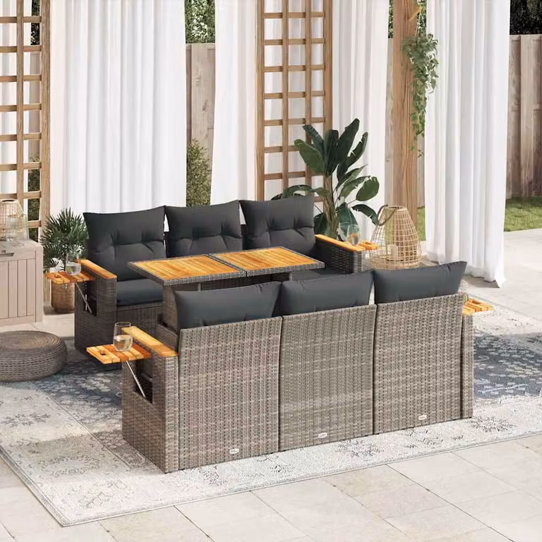 Set Divani da Giardino vidaXL 7pz a Forma a U in Polyrattan e Legno di Acacia Grigio con Cuscini e Tavolino