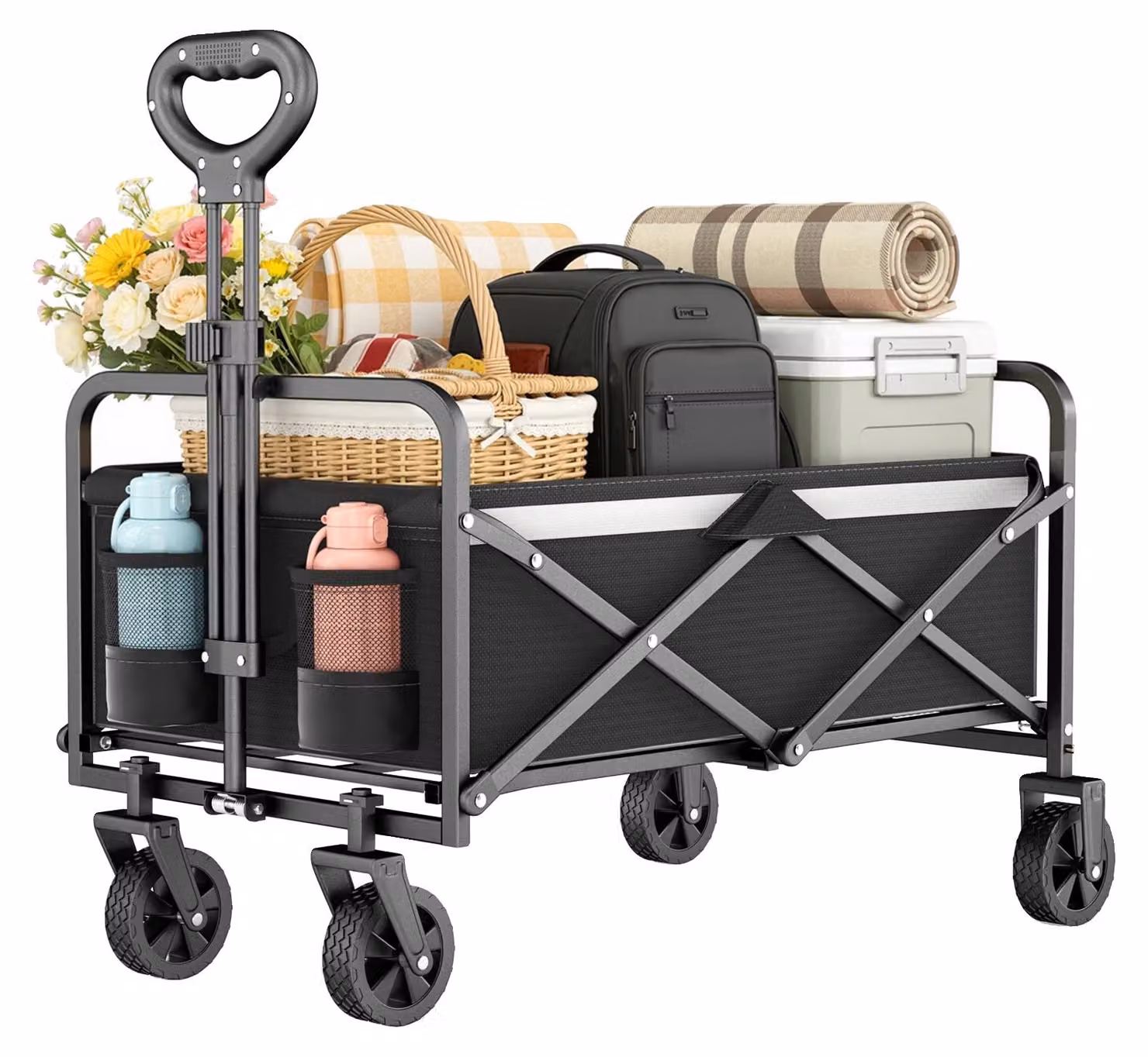 Carrello da giardino, capacità 70 litri, struttura robusta, colore nero