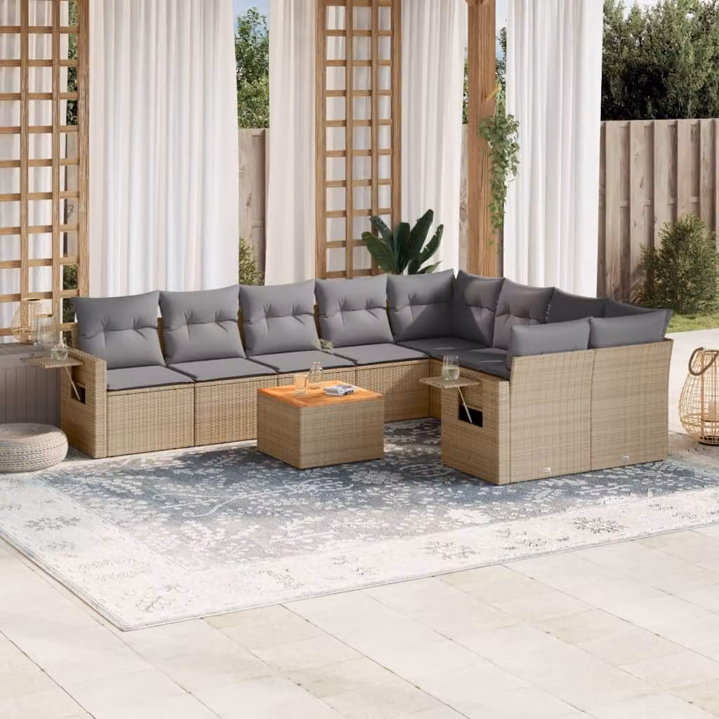 vidaXL Set Divano da Giardino 10 pz a Forma a L in Polyrattan con Cuscini Beige e Grigio – 1