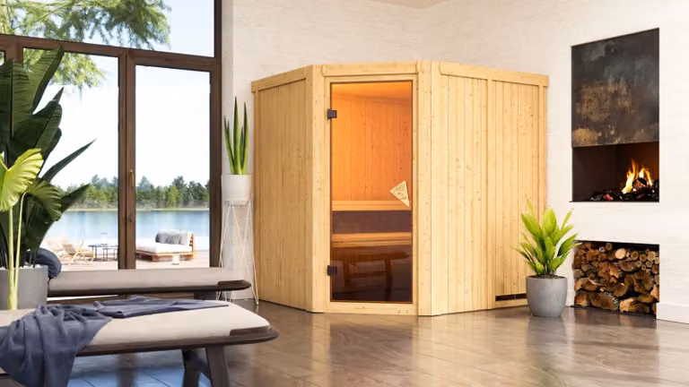 Sauna Karibu Lilja (ingresso ad angolo), porta interamente in vetro, finitura bronzo, senza accessori
