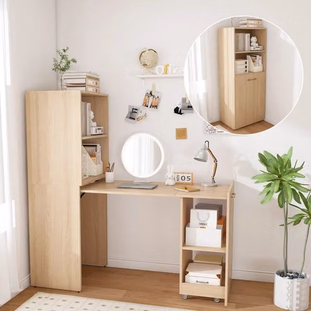 Scrivania a secretaire estraibile Mivray con armadio contenitore e ruote, color marrone e beige, in MDF e laminato opaco