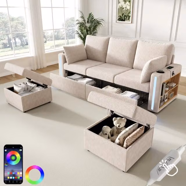 Divano modulare a U o L 190 x 130 x 85 cm con 2 pouf contenitore; LED; USB e Type C; velluto a coste beige