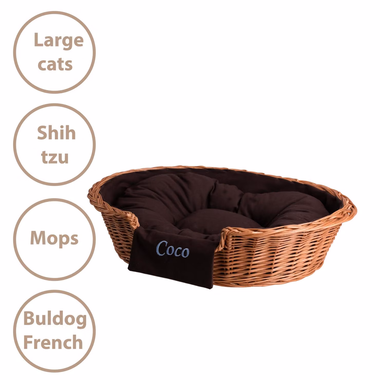 Cestino ovale in vimini per cani con cuscino e nome 60x43 H16 CM