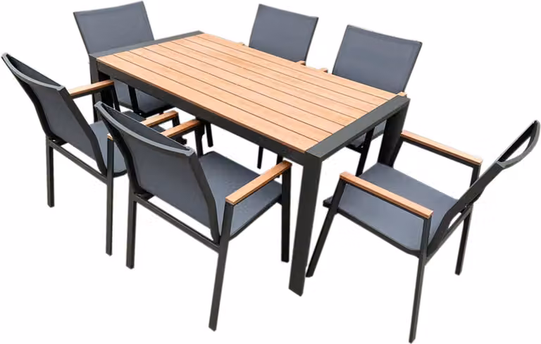 Mobili da giardino alluminio / WPC 7-TLG. Antracite / Marrone Set da pranzo per mobili da giardino Tavolo 200 cm + 6 sedie