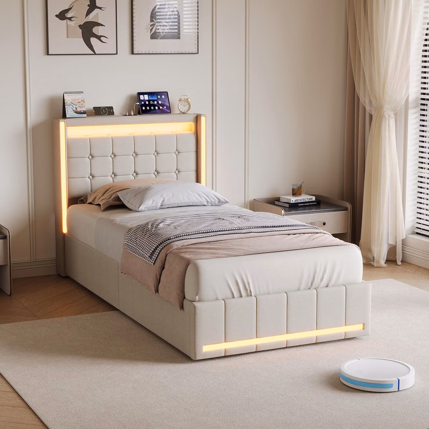 Letto imbottito REMZETTA, 90x200 cm, singola, con cassetto, LED RGB, porta USB-C, testiera con vano portaoggetti, rete a doghe, lenzuola, color beige