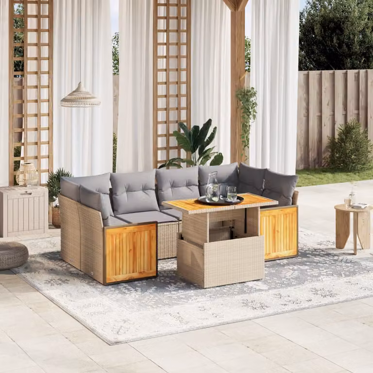 vidaXL Set Divani da Giardino 7 pz a Forma a L in Polyrattan con Cuscini Beige e Tavolino da Esterno