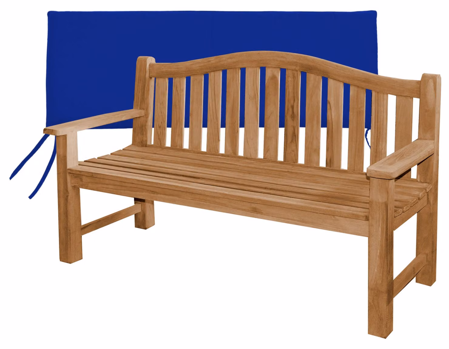 Panca in legno di teak, particolarmente robusta, modello Catania, 150 cm + cuscino per seduta blu