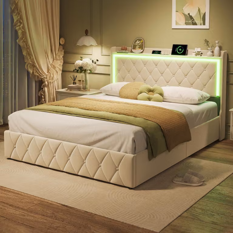 Letto contenitore Moonbite 140x200 cm con USB, porta Type-C, illuminazione LED e telecomando – struttura a listelli con spazio contenitore