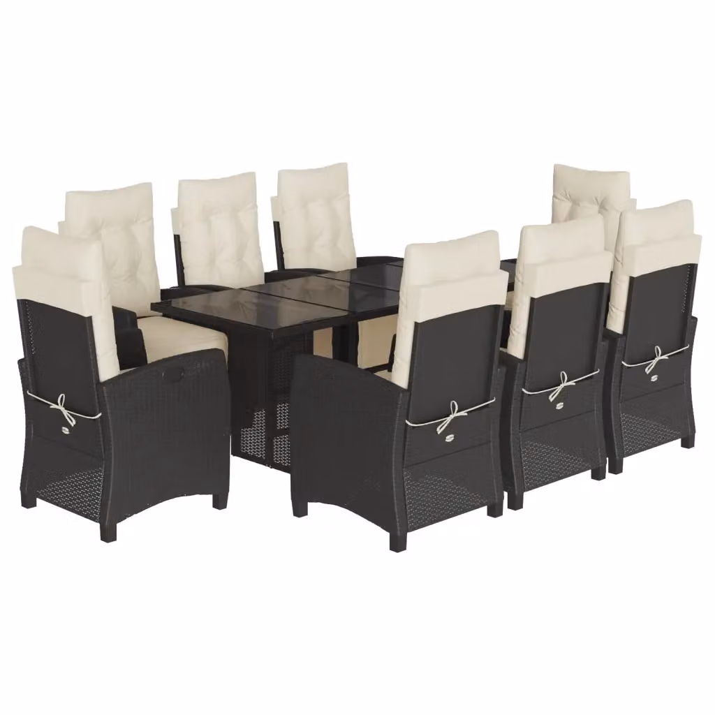 Set da pranzo da giardino vidaXL in polyrattan nero con cuscini bianchi e tavolo in vetro, 9 pezzi – 2
