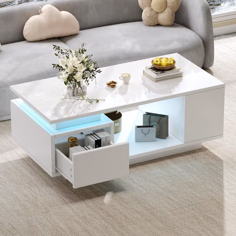 Tavolino bianco, con illuminazione LED, cassetto, 4 scomparti, parte centrale aperta