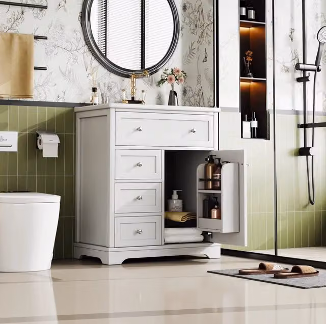 Mobile bagno moderno bianco con lavabo in ceramica, struttura in MDF laccato con ante a battente e cassetti interni soft-close, L: 76 cm, P: 46 cm, H: 87 cm