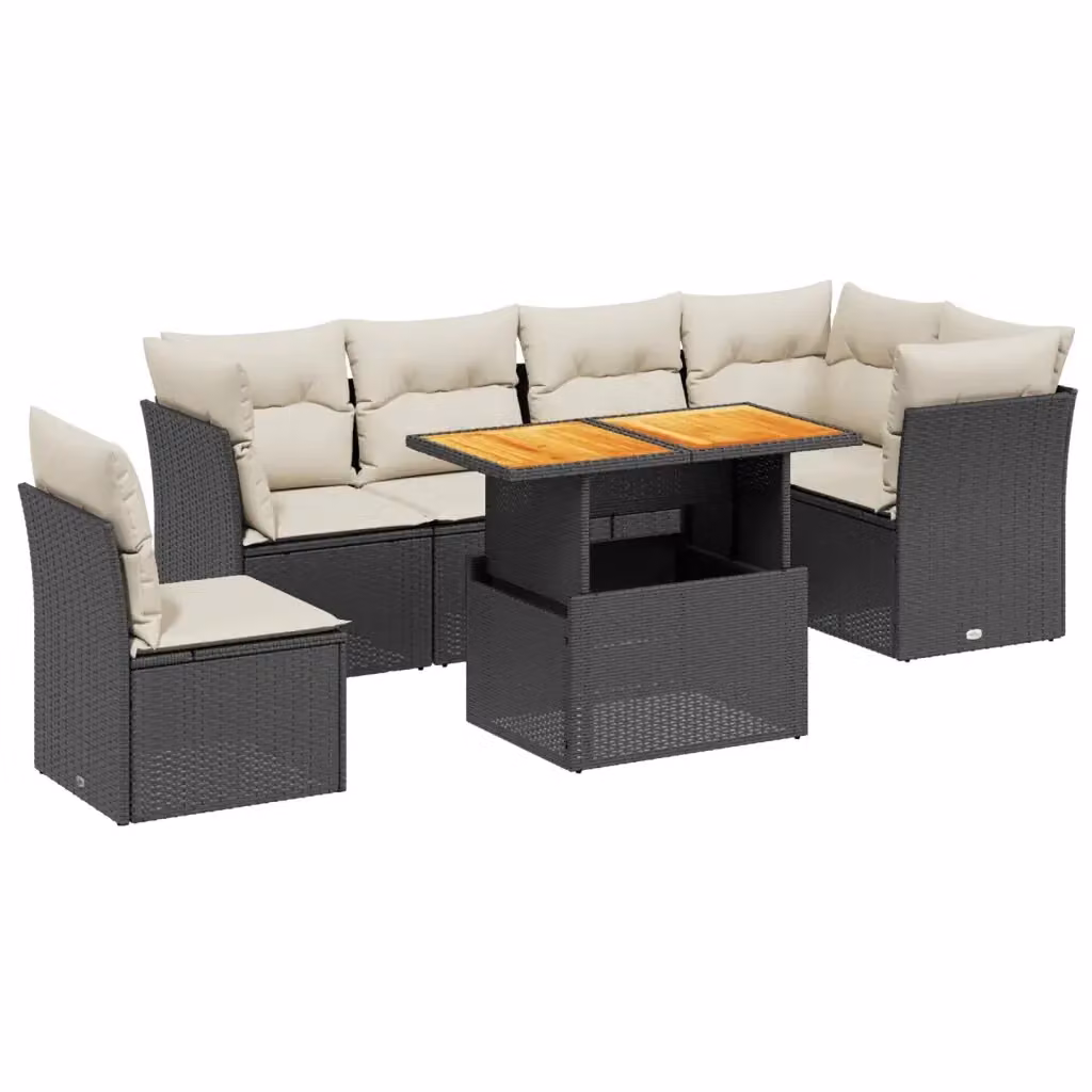 Set Divano da Giardino a L con Tavolino da Esterno vidaXL, 7 Pezzi in Polyrattan e Legno di Acacia, Nero e Bianco – 2