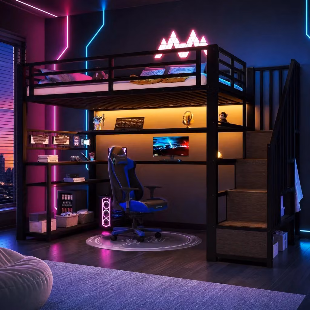 Letto a soppalco singolo MIVRAY nero con scrivania, armadio, scala contenitore e illuminazione LED RGB, dimensioni L/P/H: 200 x 90 x 251 cm – 2