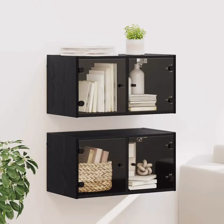Set di 2 armadi da parete vidaXL neri con ante in vetro e ripiani interni in legno, L/P/H: 68 x 37 x 35 cm