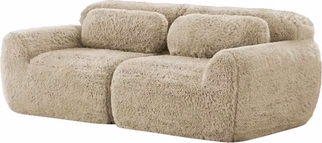 Divano modulare 2 posti in tessuto plush color kaki chiaro, design senza telaio con cuscini, adatto per soggiorno e camera