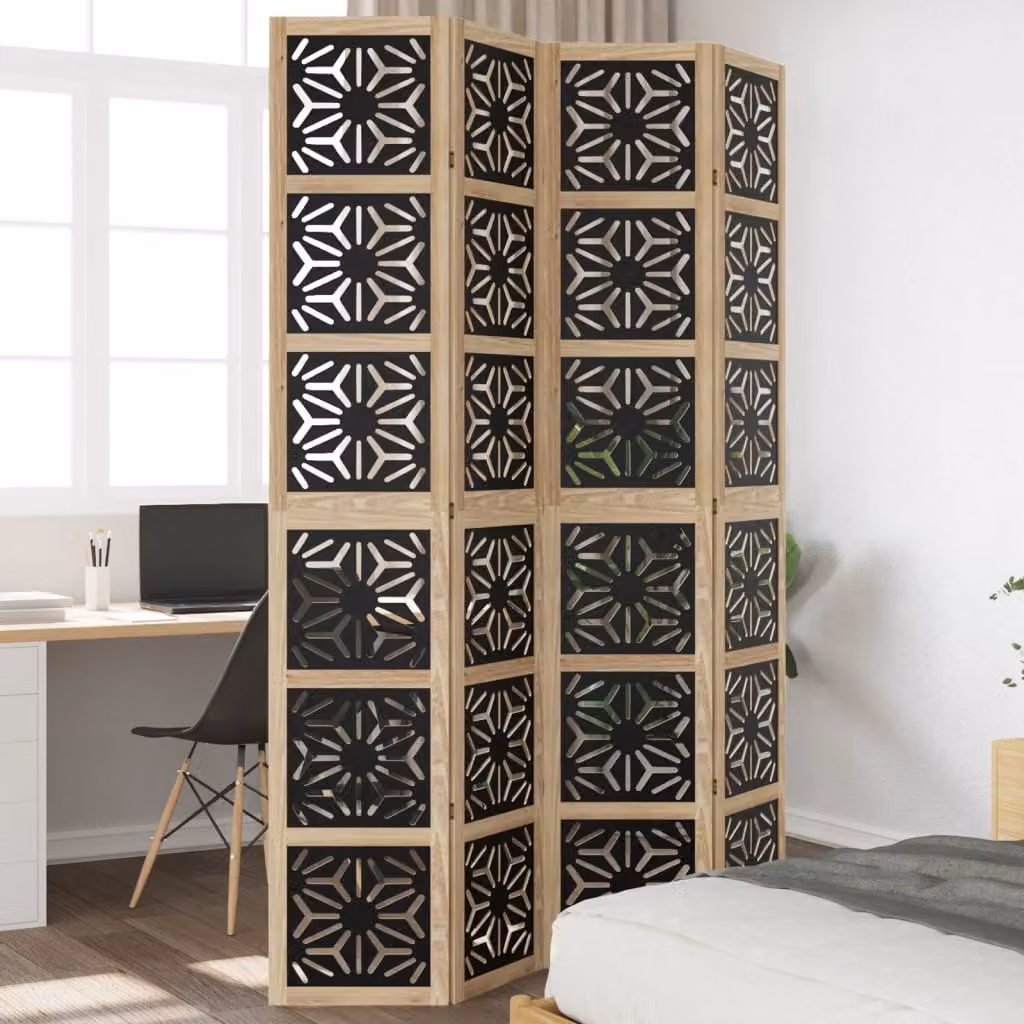 vidaXL Divisorio Ambienti Moderno a 4 Pannelli in Legno di Paulownia Massello, Marrone e Nero, H: 145 cm, L: 220 cm