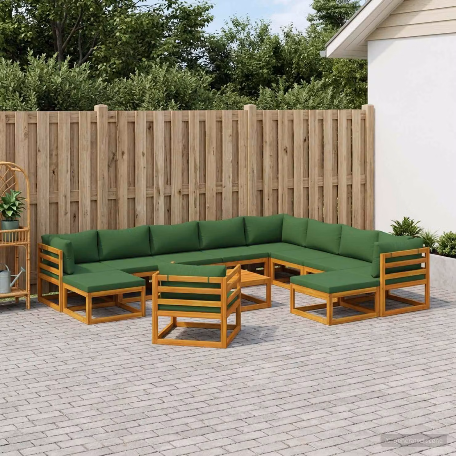 Set di divani da giardino vidaXL in legno di acacia massello con cuscini, forma a U, colore marrone e verde