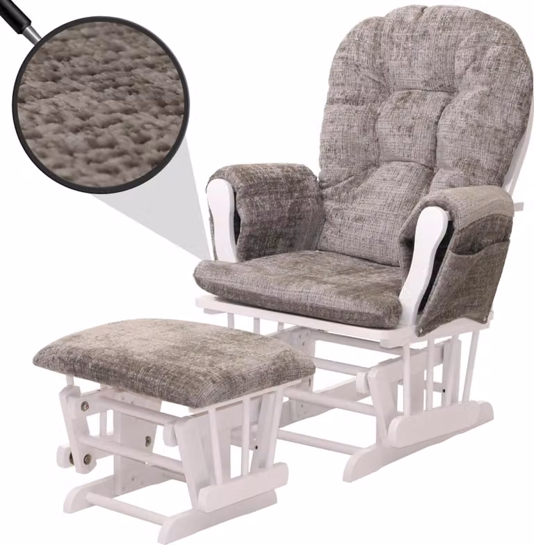 Poltrona relax HWC-C76, poltrona a dondolo con poggiapiedi, rivestita in tessuto chenille (465 g/m²), colore grigio chiaro, struttura bianca