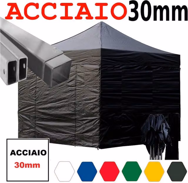Gazebo 3x3 m nero pieghevole portatile estendibile richiudibile estensibile acciaio con laterali per fiere eventi stand chiosco tenda tendone mercato mercatino
