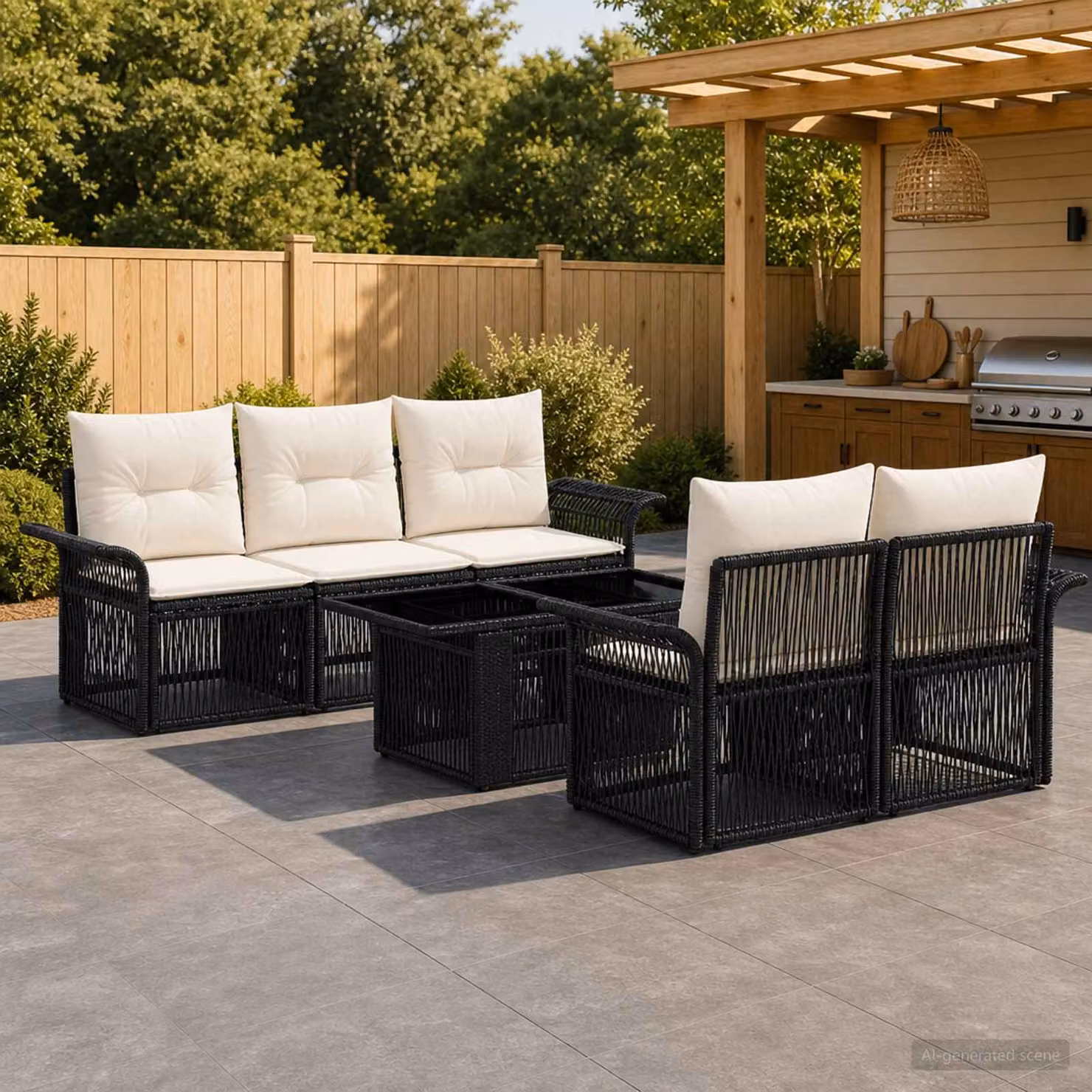 Set Divano da Giardino vidaXL 6 Pezzi in Polyrattan Moderno con Tavolino e Cuscini, Nero e Bianco Crema