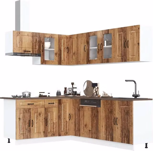 Set di mobili da cucina vidaXL in legno e vetro marrone stile rustico con 11 pezzi