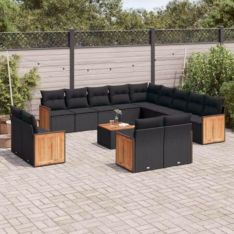 Set di Divani da Giardino vidaXL 14pz in Polyrattan Nero con Cuscini e Tavolino da Esterno a Forma di L