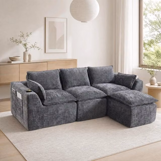 Divano modulare 3 posti 256x161x75 cm in chenille grigio scuro con pouf, per soggiorno –