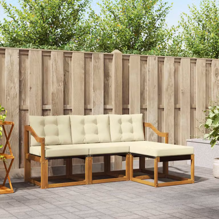 Set di divani da esterno vidaXL a forma di L in legno di acacia con pouf e cuscini, Colore Naturale e Crema
