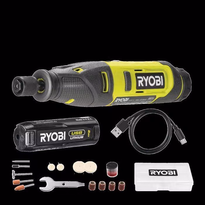 Mini utensile rotativo RYOBI 4V USB a batteria al litio, modello RRT4-120GA15, con batteria da 2Ah e caricabatterie
