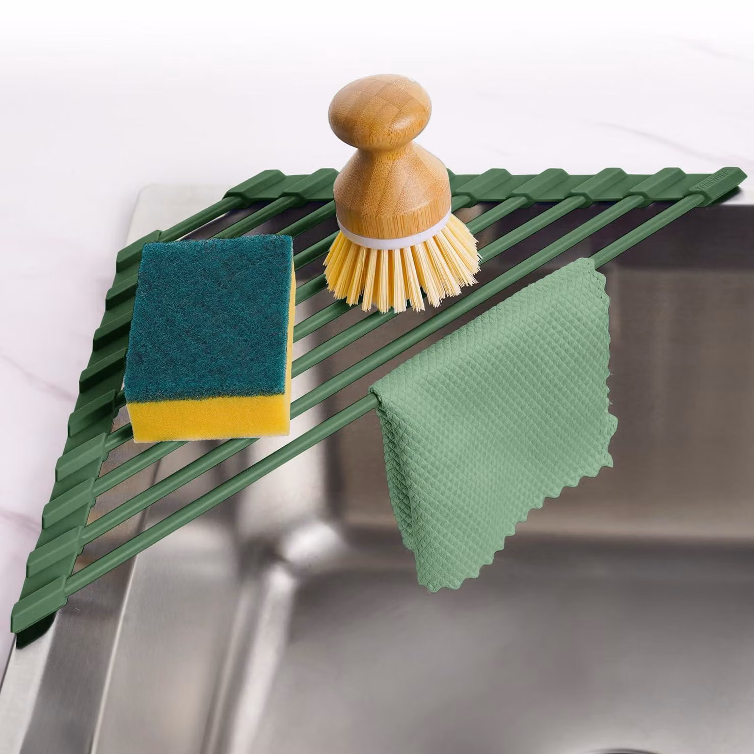 Ripiano triangolare da cucina, rivestito in silicone, compatto, pieghevole, ideale per l'angolo del lavello