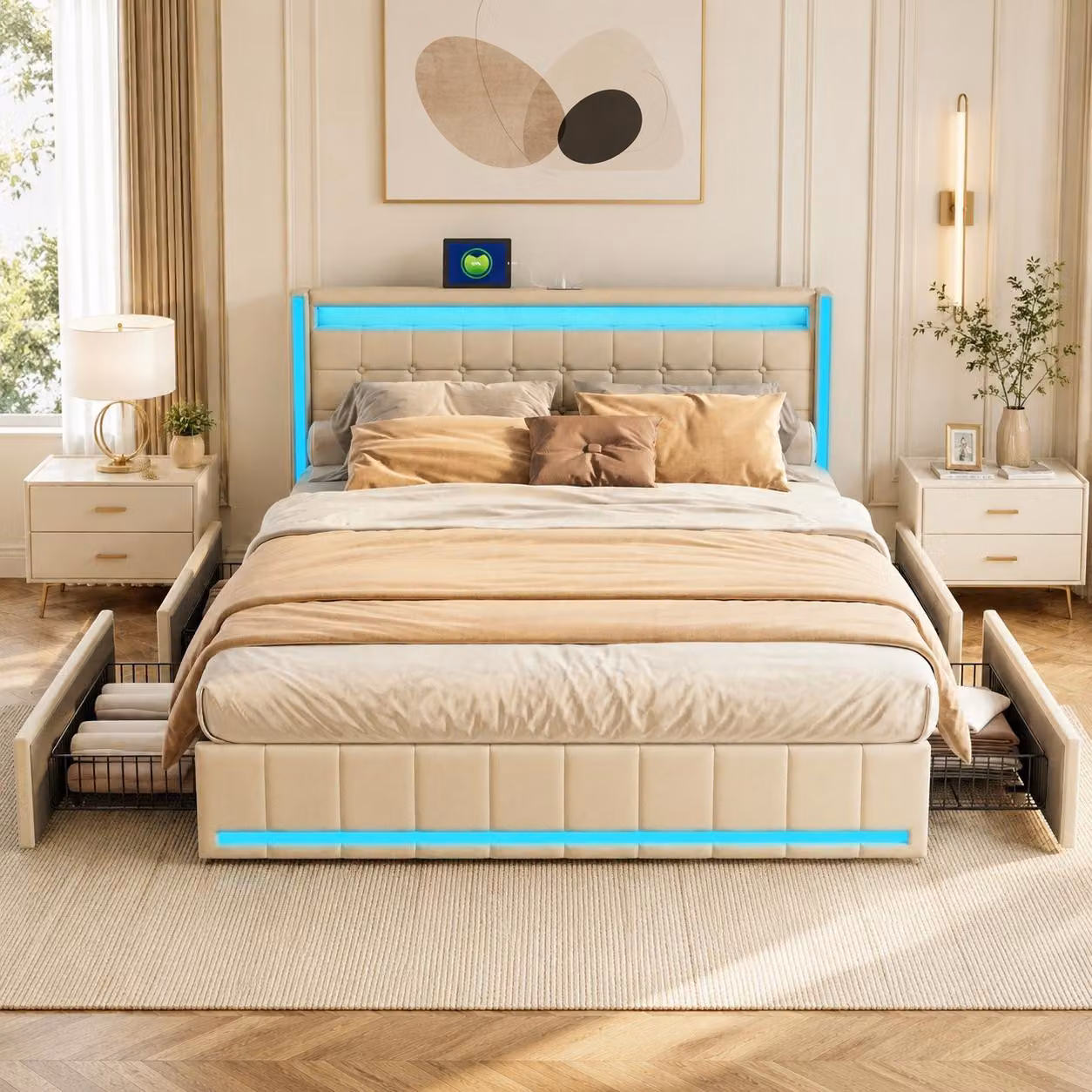 Letto matrimoniale INONEFT con contenitore, dimensioni 140x200 cm, imbottito con 4 cassetti, letto per ragazzi con luci LED, prese USB e Type-C, completo di rete a doghe, rivestito in lino beige
