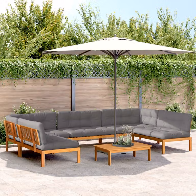 Set Divano da Giardino a L vidaXL in Legno di Acacia con Cuscini e Tavolino, 6 Pezzi, Marrone e Grigio