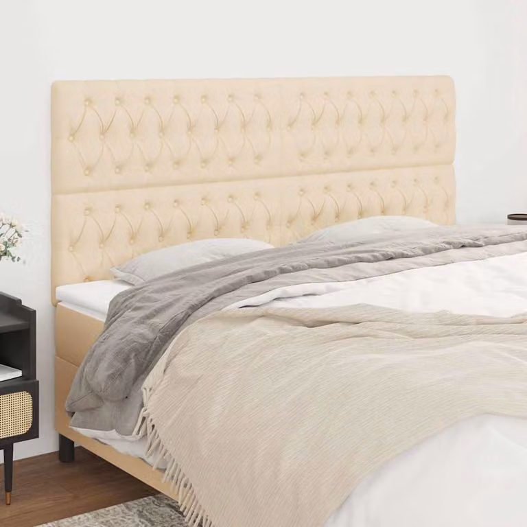 Testiera per letto vidaXL in tessuto beige con struttura in legno e MDF, L: 180 cm, P: 7 cm, H: 118-128 cm